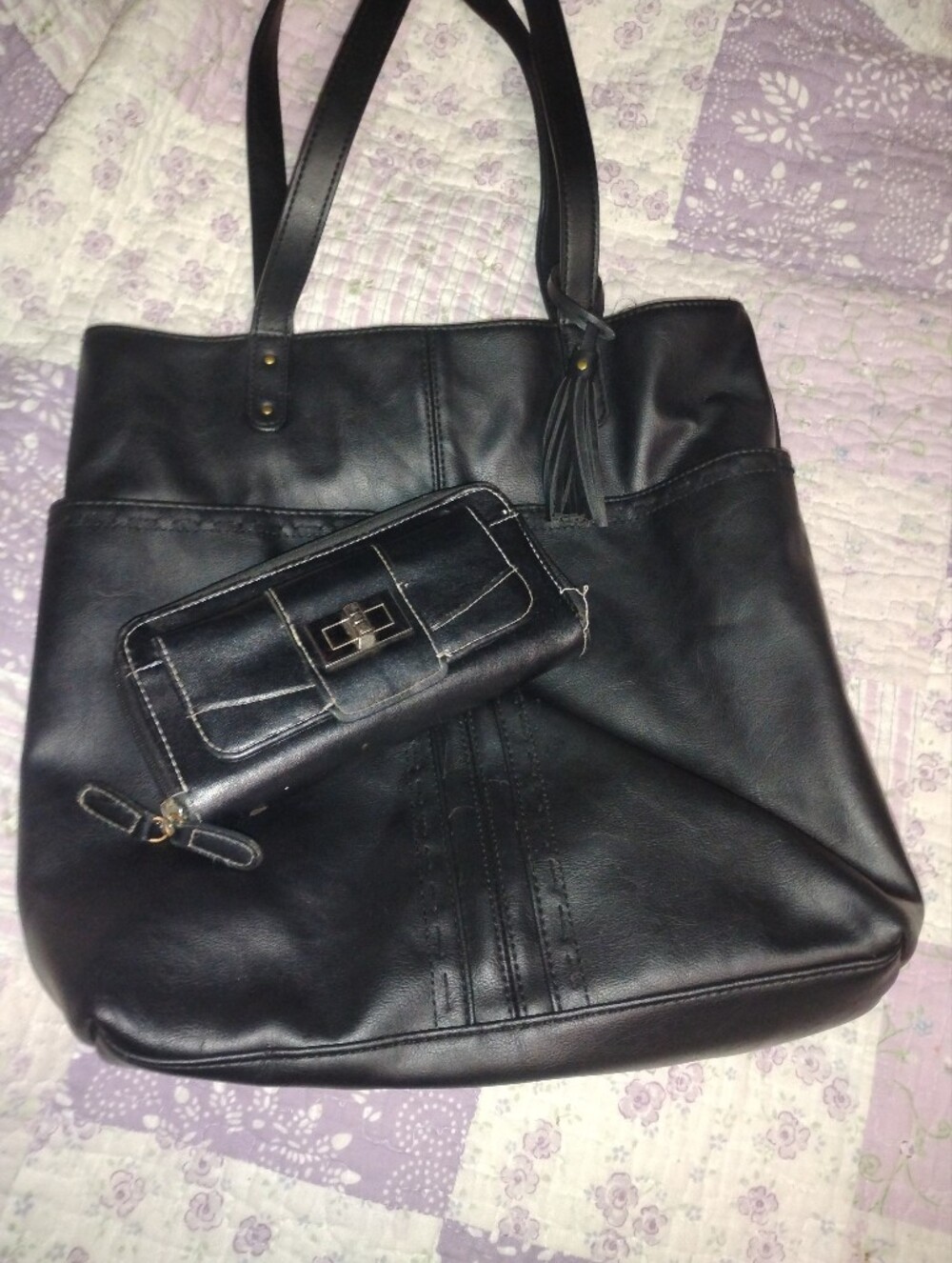 Black Leather Tote Bag with Matching Wallet - Women's Bags